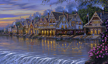 Christmas Decorated Homes, holidays, Houses, quaint, lights, christmas, water, village HD wallpaper