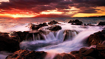 Lava rock off the coast of Kihei on Maui, Hawaii, clouds, sky, water, sunset, usa, ocean HD wallpaper