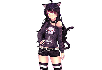 Anime white background simple background animal ears black hair cat girl chains choker fast- HD wallpaper