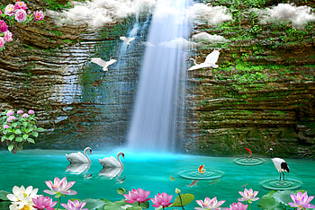Waterfall in paradise, swans, lotos, art, que, waterfall, beautiful, lilies, rocks HD wallpaper