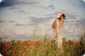 Pretty girl, model, graphy, girl, beautiful, woman, poppies, field, face, sky, female HD wallpaper