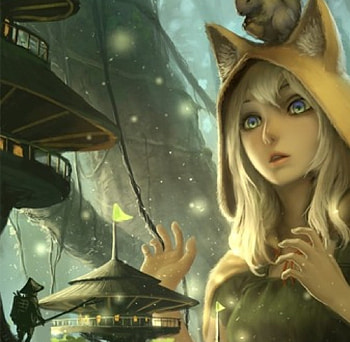 Little Town of the Forest, town, beautiful, fireflies, houses, woman, little, lady, fantasy, abstract, trees, blonde hair, fantasy woman, forest, tiny, female HD wallpaper