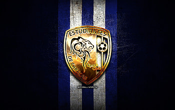 Estudiantes Caracas FC, golden logo, La Liga FutVe, blue metal background, football, Venezuelan football club, Estudiantes Caracas logo, soccer, Venezuelan Primera Division, Estudiantes Caracas SC HD wallpaper