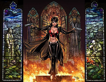 Make Your Own Path, stained glass, fantasy, guns, fire, female, character HD wallpaper