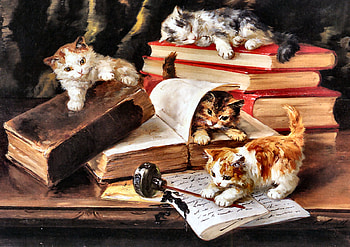 Kittens Playing on a Desk FC, animal, art, cats, feline, beautiful, kittens, artwork, books, wide screen, painting, pets, papers, inkwell HD wallpaper