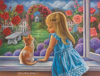 Its a Beautiful World Out there, blue, kitten, window, girl, dress, little, outside, painting, child HD wallpaper