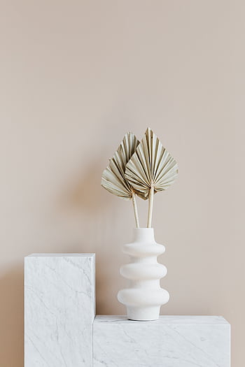 Elegant white ceramic vase with dried leaves on a marble block against a beige background. HD phone wallpaper