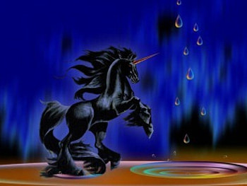 Blue Fire, night, black uncorn, water ripples, raindrops HD wallpaper