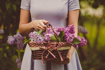 A woman in a lavender dress holding a basket of vibrant purple lilacs outdoors. HD wallpaper