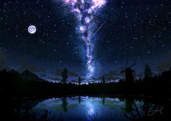 Art, Lake, Reflection, Dark, Starry Sky, Glow HD wallpaper