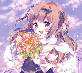 Anime girl, cute, flowers, bouquet HD wallpaper