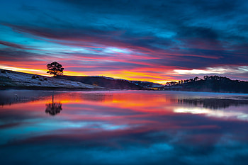 Lake, reflections, sunset, clouds, nature HD wallpaper