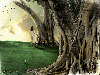 Dali Spring, fantasy, clouds, grass, girl, spring, woman HD wallpaper