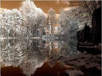 Reflections, winter, mirror, trees, church, rocks, lake HD wallpaper