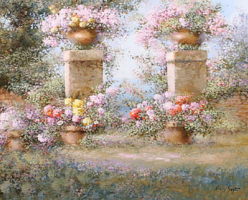 Park Entrance, painting, path, brick, columns, trees, flowers, pots HD wallpaper