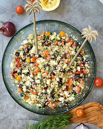 Feta olive quinoa salad, Mediterranean flavors, Delicious dish, Ready to enjoy HD phone wallpaper