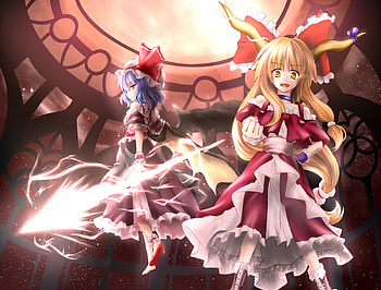 Touhou, wings, ribbons, dress, ibuki suika, anime, remilia scarlet, weapon, girls, bow HD wallpaper