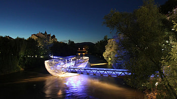 beautiful unusual bridge in austria, night, bridge, river, lights HD wallpaper