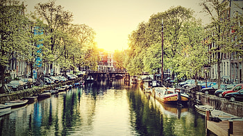 Amsterdam Canal, canal, architecture, cars, amsterdam, beautiful, netherlands, buildings, boats, trees, nature, sky, water, rivers HD wallpaper