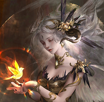 Fantasy girl, gorgeous, yang duan, hand, frumusete, horns, bird, art, girl, jewel, superb, fantasy, creature HD wallpaper