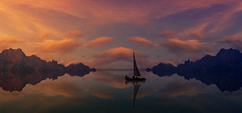 Clouds, sunset, boat, reflections HD wallpaper