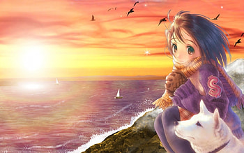 Girl and Her Dog, dog, river, sea, cute, girl, little, anime, pet, sunset, ocean, female HD wallpaper