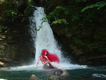 Mermaid Waterfall, waterfall, emotion, mermaid, red HD wallpaper