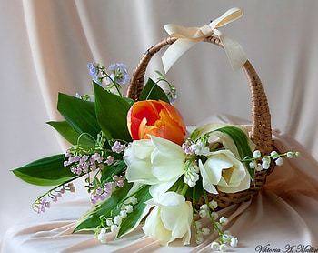Spring flowers, graphy, art, lily of the valley, beautiful, tulips, spring, fresh, beauty, basket, still life, delicate, grapher, artist, nature, flowers HD wallpaper