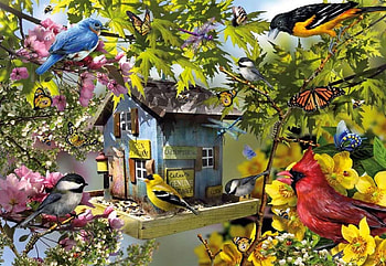 Time For Lunch, finch, cardinal, chickadees, birds, birds house, painting, tree HD wallpaper