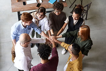 Top view of diverse group of people collaborating in office setting. HD wallpaper