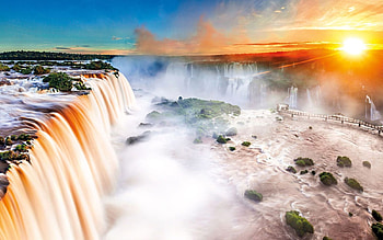 Iguazu Falls on the border of Argentina and Brazil, sunset, river, colors, landscape, sky, cascade, sun HD wallpaper