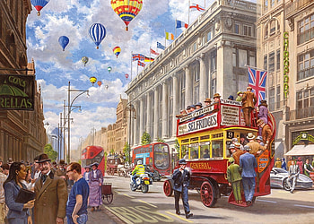 Oxford Street, artwork, balloons, painting, cars, clouds, sky, houses, people HD wallpaper