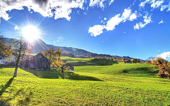 Nature, Fields, Autumn, Sun, Shine, Light, Beams, Rays, Small House, Lodge, Lawn, Heat, Warmth, Slopes, Lawns, Indian Summer HD wallpaper