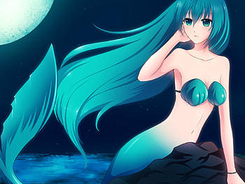 Mermaid Miku, night, glow, awesome, fairy tale, artistic, nice, digital, cg, magical, hatsune, aqua eyes, ocean, twintial, sexy, white, hatsune miku, art, twintail, hot, girl, singer, aqua, anime girl, anime, pretty, light, virtual, blue, mermaid, fish tail, black, song, cute, vocaloid, beauty, miku, music, shell bikini top, moon, vocaloids, water, stunning, program, sea, beautiful, diva, tail, dark, aqua hair, cool, sky, idol HD wallpaper
