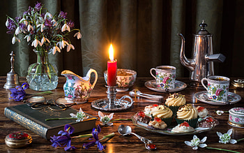 Still Life Tea, still life, tea, candle, cupcakes HD wallpaper