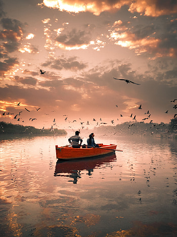 Nature, Birds, Rivers, Sky, Seagulls, Clouds, Stroll, Boat HD phone wallpaper