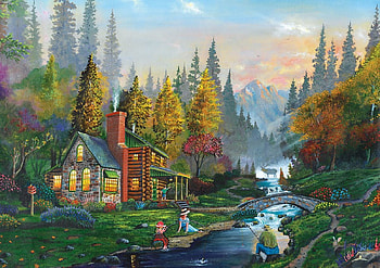 Weekend Getaway, river, people, cabin, artwork, painting, trees, bridge, mountains, forest HD wallpaper