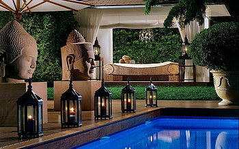 Peaceful, lounge, umbrella, plants, lanterns, greeg, planter, quiet, slate, reflection, greenery, tent, still, pillows, curtains, white, chandelier, asian, statutes, retreat, light, spa, heads, pool, fire HD wallpaper