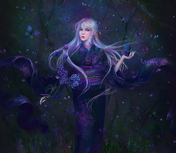 Beauty, blue, kimono, lunithea, asian, girl, pink, butterfly, fantasy, petals, luminos HD wallpaper