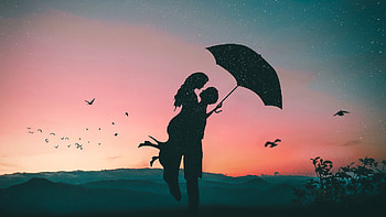 Acoustic Love, couple, love, artist, artwork, digital-art, umbrella HD wallpaper