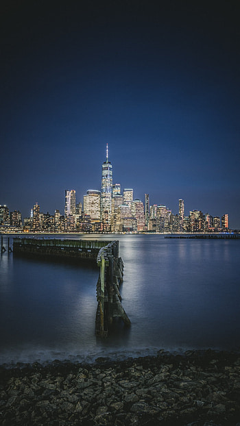 Hudson river waterfront walkway, Jersey City cityscape, Night city lights, World HD phone wallpaper