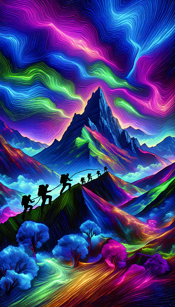 Psychedelic Mountain Climbing Adventure, mountain, colorful, Night Sky HD phone wallpaper