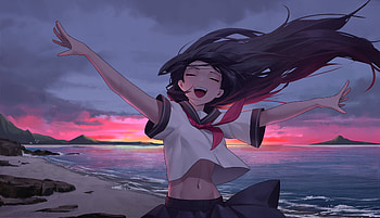 Anime Girl In Joy On Beach, anime-girl, joy, beach, artist, artwork, art, digital-art, pixiv HD wallpaper