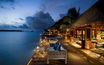 Sea Resort, bench, lights, house, clouds, sky, veranda, water HD wallpaper
