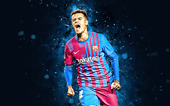 Philippe Coutinho, , FC Barcelona, 2021, brazilian footballers, LaLiga, Barca, Barcelona FC, football, Philippe Coutinho , blue neon lights, soccer, Philippe Coutinho Barcelona, La Liga, FCB HD wallpaper