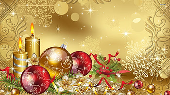 Golden Christmas, bulbs, gold, candle, red HD wallpaper