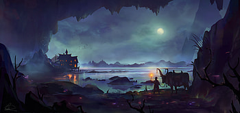 Art, Night, Rocks, Lake, House HD wallpaper