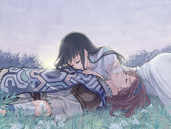 mono & wander ( together ), morning, long hair, sleeping, sunrise, dark hair, short hair, wander, sky, pretty girl, mono, forest HD wallpaper
