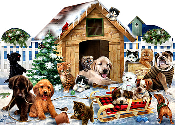 Playing in the Snow- Pets F, winter, animal, art, dogs, cats, feline, beautiful, illustration, artwork, wide screen, painting, snow, pets, canine HD wallpaper