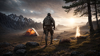Camping, soldier, camp, campfire, mountain, tent HD wallpaper